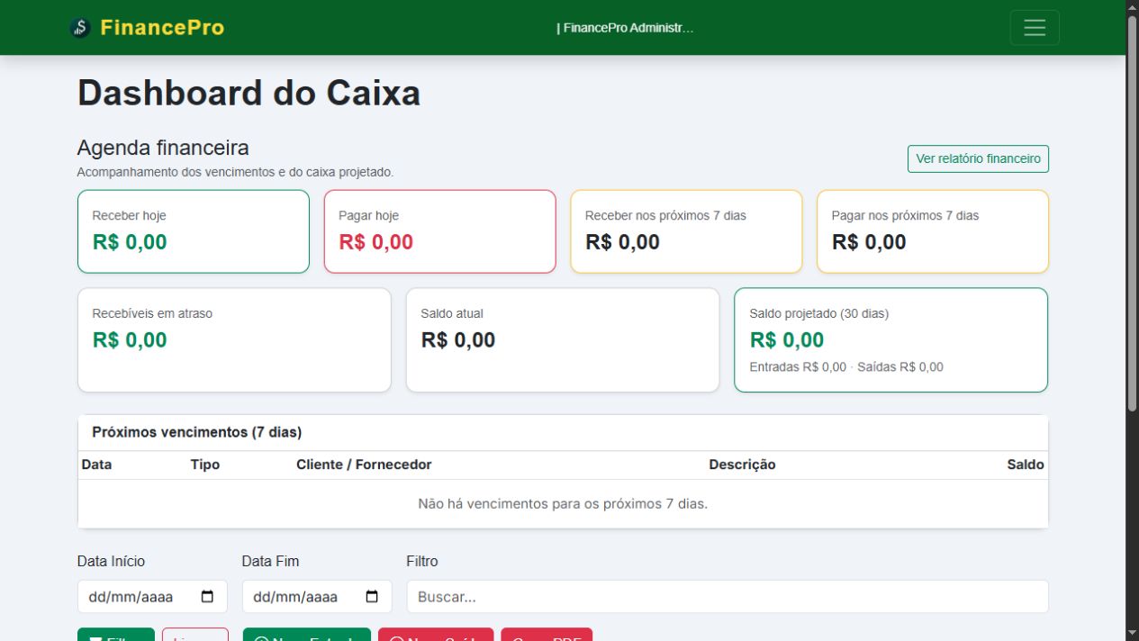 Dashboard do caixa do FinancePro com agenda financeira, vencimentos e saldo projetado