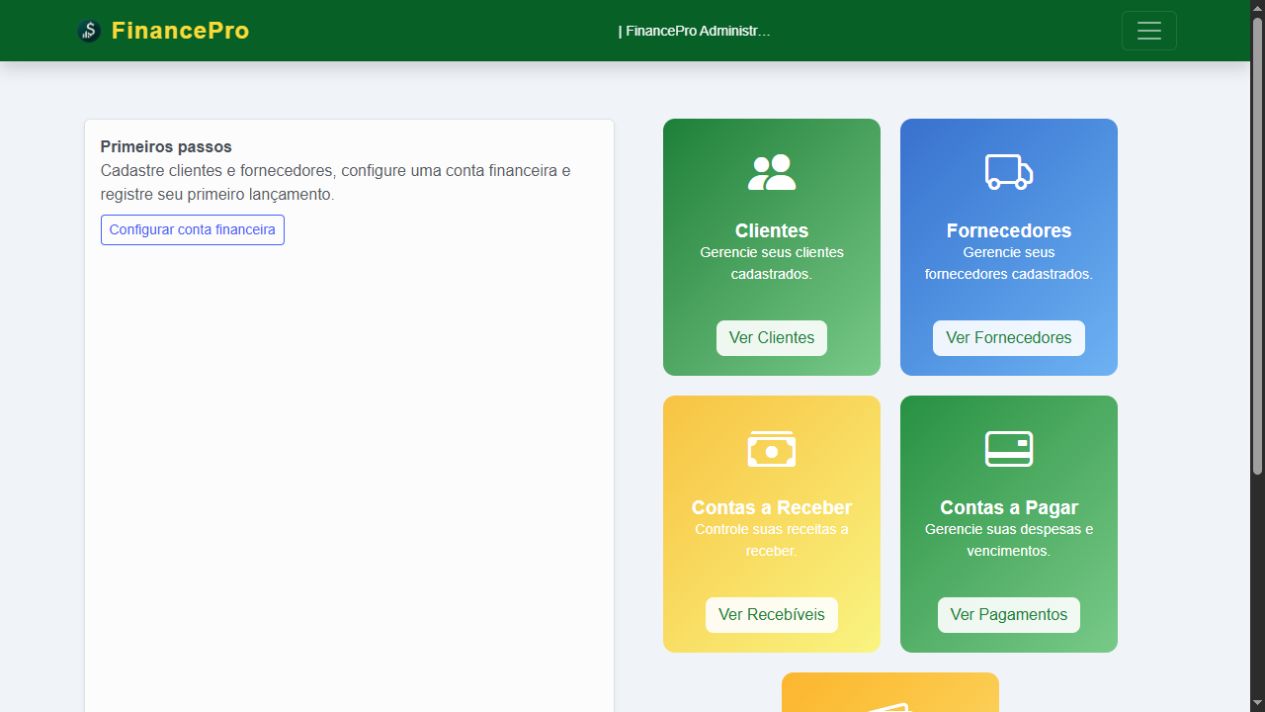 Painel principal do FinancePro com atalhos para clientes, fornecedores, contas a receber, contas a pagar e caixa