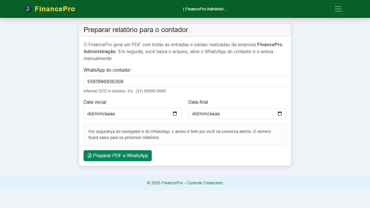 Tela do FinancePro para preparar relatório financeiro em PDF e enviar ao contador