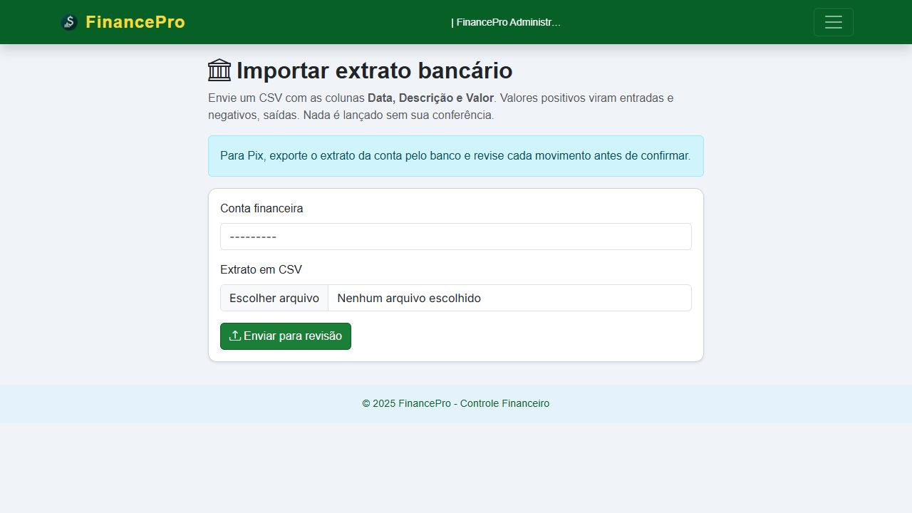 Tela de importação de extrato bancário do FinancePro